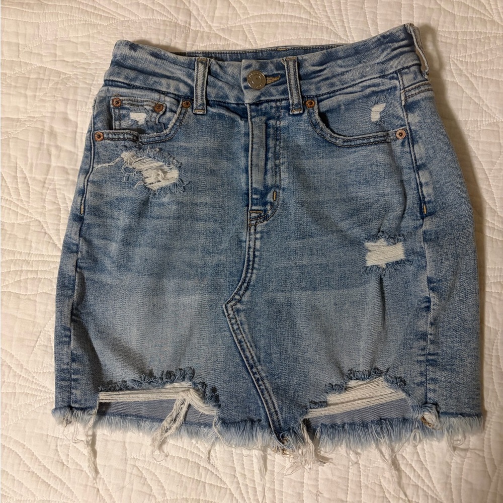 Light Blue Distressed Denim Skirt
